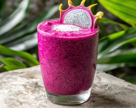 Vibrant dragon fruit smoothie with fresh fruit garnishの素材