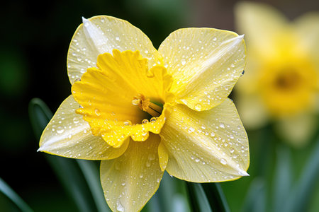 Close-up of a vibrant yellow daffodil flower with water dropletsの素材