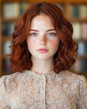 Captivating redhead with freckles and piercing green eyesの素材