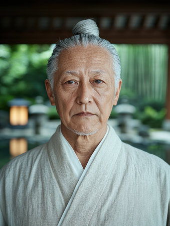 portrait of an elderly asian man in traditional clothingの素材