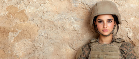 female soldier in military uniform standing in front of rocky wallの素材