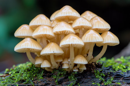 Cluster of yellow mushrooms growing on moss-covered logの素材