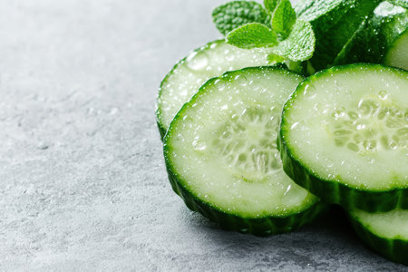 Fresh sliced cucumber with mint leavesの素材
