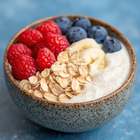 Healthy breakfast bowl with fresh berries and oatsの素材