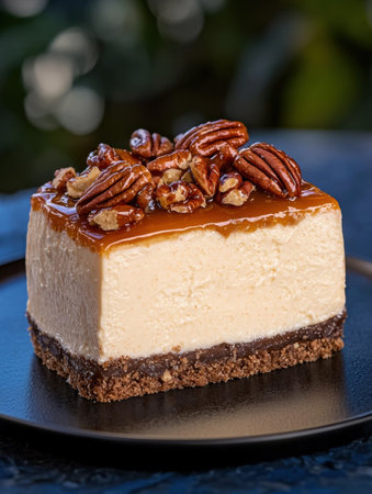 Delicious pecan cheesecake with caramel toppingの素材