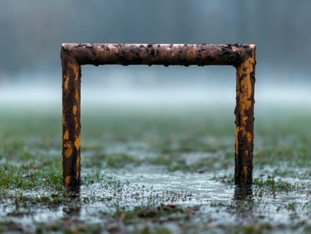 Rusted metal frame in flooded fieldの素材