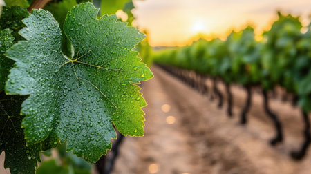 Close-up of a wet green grape leaf with a blurred vineyard in the backgroundの素材