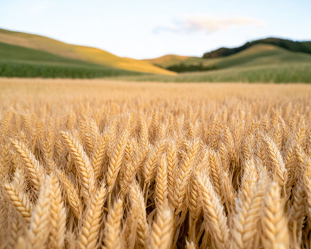 Scenic view of a golden wheat field in the countrysideの素材