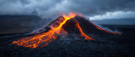 Erupting volcano with lava and smoke at nightの素材
