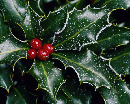 Festive holly leaves and berries with frostの素材