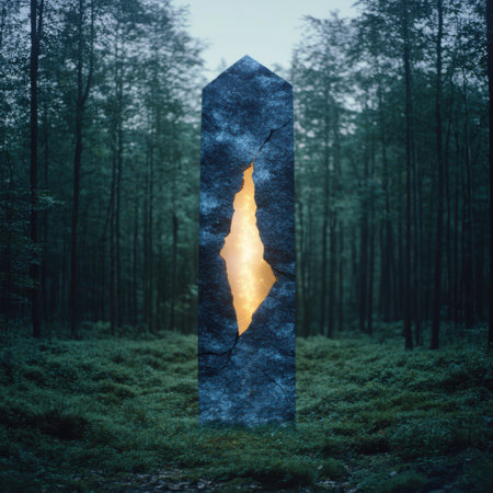 Mysterious glowing monolith in enchanted forestの素材