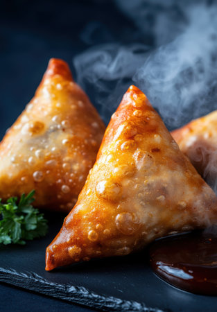 Freshly baked savory pastry triangles with steamの素材