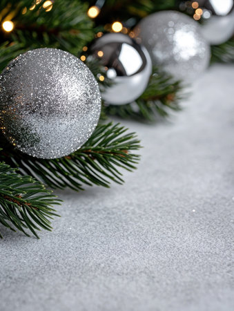 Sparkling silver christmas ornament on snowy pine treeの素材