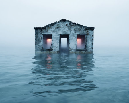 Abandoned building submerged in waterの素材