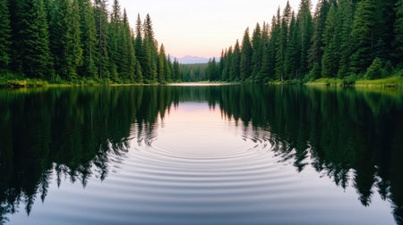 Serene mountain lake surrounded by lush evergreen forestの素材