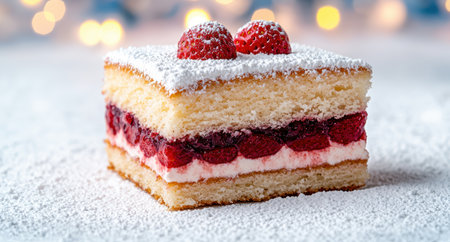 Delicious layered cake with fresh strawberries and powdered sugarの素材