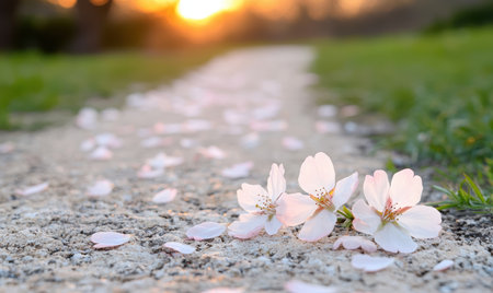 Delicate cherry blossoms on a tranquil pathの素材