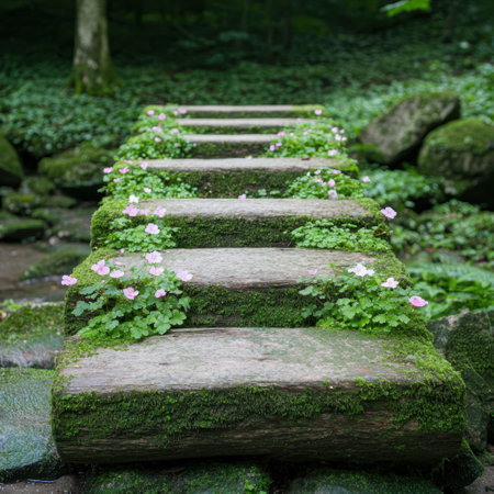 Moss-covered wooden steps in a lush, green forestの素材