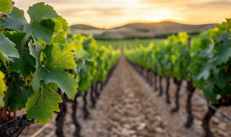 Scenic vineyard landscape at sunsetの素材