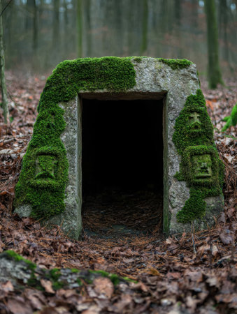 Moss-covered stone entrance in a forestの素材