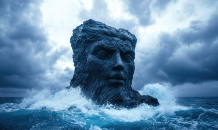 Dramatic stormy ocean with giant stone faceの素材