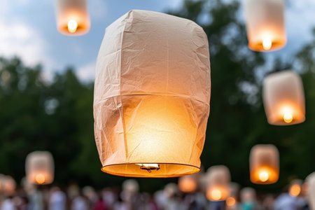 Illuminated paper lanterns floating in the night skyの素材