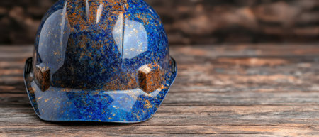 Sparkling blue construction helmet on wooden surfaceの素材