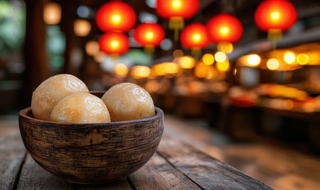 Traditional chinese lanterns and dumplings on wooden tableの素材