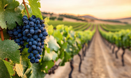 Ripe grapes in a vineyard at sunsetの素材