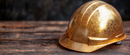 Golden hard hat on wooden surfaceの素材