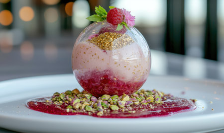 Delicious dessert with fresh berries and edible flowersの素材