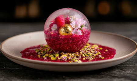 Dessert with berries and edible gold in glass domeの素材