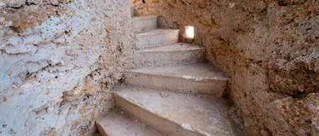 ancient stone staircase in a caveの素材