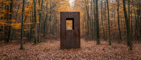 Mysterious autumn forest with abstract metal structureの素材