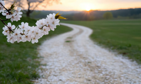 Blooming cherry blossoms along a scenic path at sunsetの素材