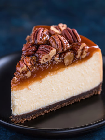 Delicious pecan cheesecake on dark backgroundの素材