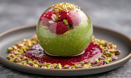 Vibrant dessert with fresh fruit and edible flowersの素材