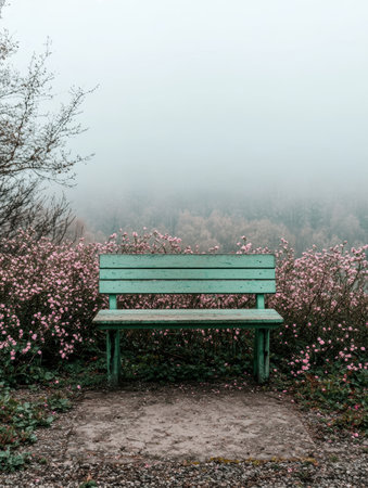 Peaceful park bench surrounded by blooming flowersの素材