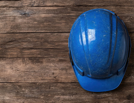 blue hard hat on wooden backgroundの素材