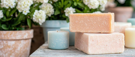 Handmade natural soap bars with flowers and candlesの素材