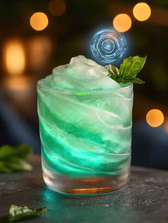 Refreshing green cocktail with ice and garnishの素材