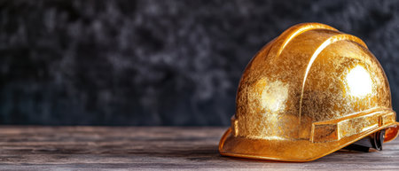 golden hard hat on wooden surfaceの素材