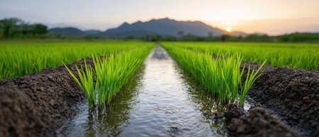 Serene rice field path at sunsetの素材