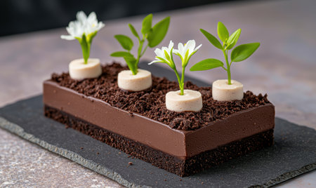 Chocolate dessert with edible plant decorationsの素材