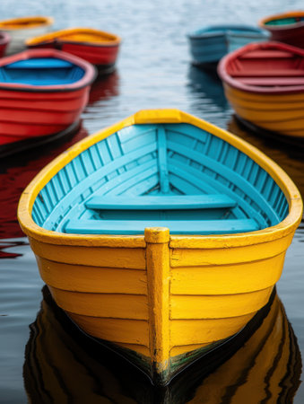 Colorful Wooden Boats Floating on Calm Waterの素材