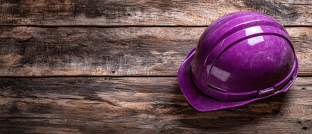 purple hard hat on wooden backgroundの素材