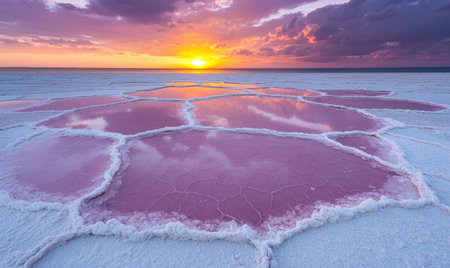 Stunning sunset over a vibrant pink salt lakeの素材