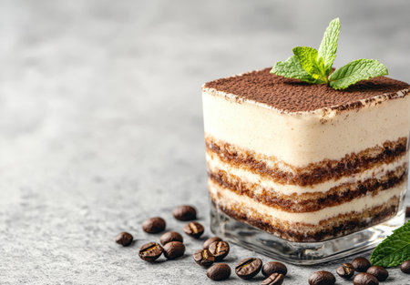 Delicious layered coffee cake with mint garnishの素材