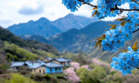blue himalayan cherry blossoms with mountain village in backgroundの素材