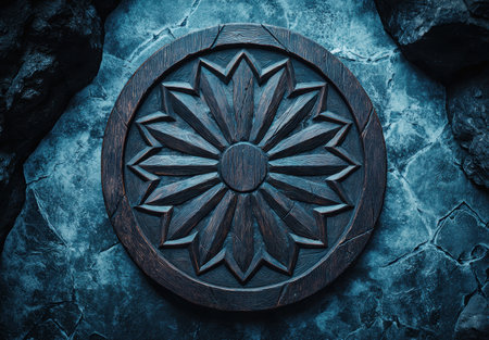 Intricate wooden carving of a flower-like design on a dark rocky backgroundの素材